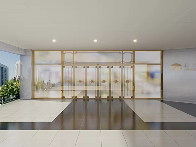Modern Entrance Gate Design With Glass Doors And Polished Marble Lobby Floor Lighting 3d model
