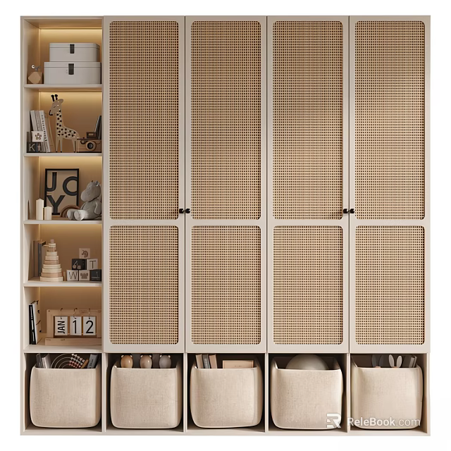 Elegant Modern Rattan Storage Cabinet With White Frame Open Shelves Books And Storage Baskets 3d model 