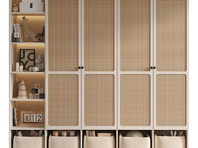Elegant Modern Rattan Storage Cabinet With White Frame Open Shelves Books And Storage Baskets 3d model