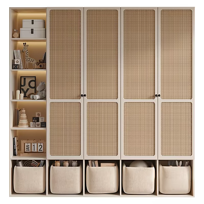 Elegant Modern Rattan Storage Cabinet With White Frame Open Shelves Books And Storage Baskets 3d model