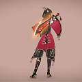 Eastern Female Warrior with Fire Spirit Companion in Red Black Golden Outfit Holding Flaming Sword