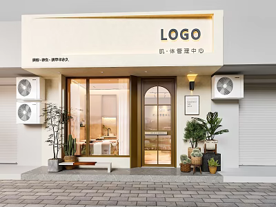 Modern Storefront Exterior Design With White Walls Large Glass Windows Potted Plants And Brick Pavement 3d model