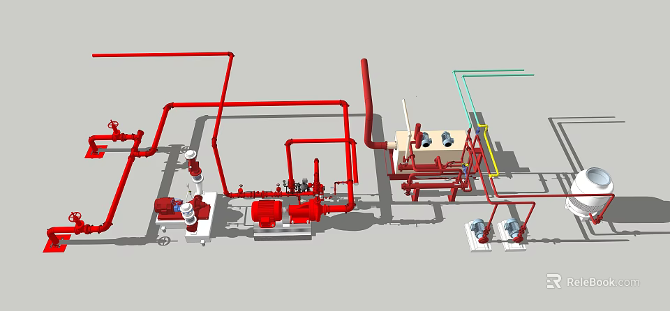 Fire Fighting Equipment System Featuring Red Pipes Valves Pumps and Control Units 3d model