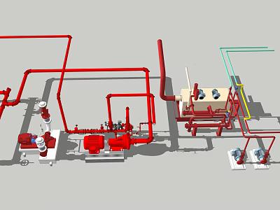 Fire Fighting Equipment System Featuring Red Pipes Valves Pumps and Control Units 3d model