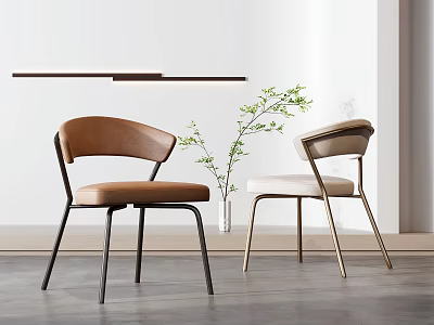 Modern Dining Chairs With Brown Beige Upholstery Metal Legs Against White Wall And Green Plant 3d model