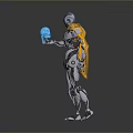 Silver Robot Standing With Yellow Cape Holding Blue Glowing Orb