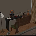 Elegant Dressing Table With Black Countertop Irregular Mirror Wooden Drawers Green Chair Cosmetics And Sunlight
