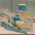 Traditional Artistic Scene Featuring Bamboo Blinds Cranes Fan Shaped Elements Landscape And Clouds