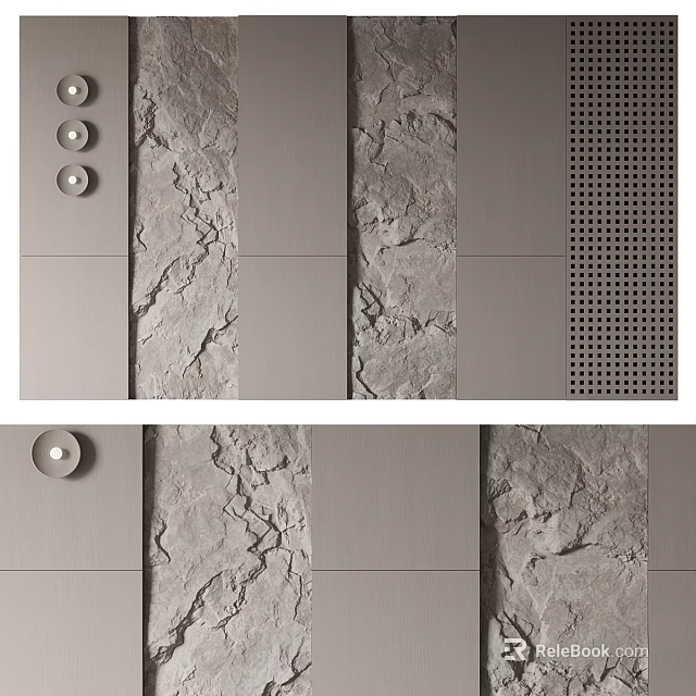 Contemporary Wall Decor With Stone Texture Panels Metal Strips Circular Accents And Perforated Details 3d model 