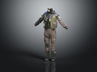 Tech Inspired Functional Khaki Jumpsuit With Black Details And Green Accents 3d model