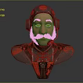 3D Character Bust With Headphones Mustache Metallic Armor Shoulders And Red Accents