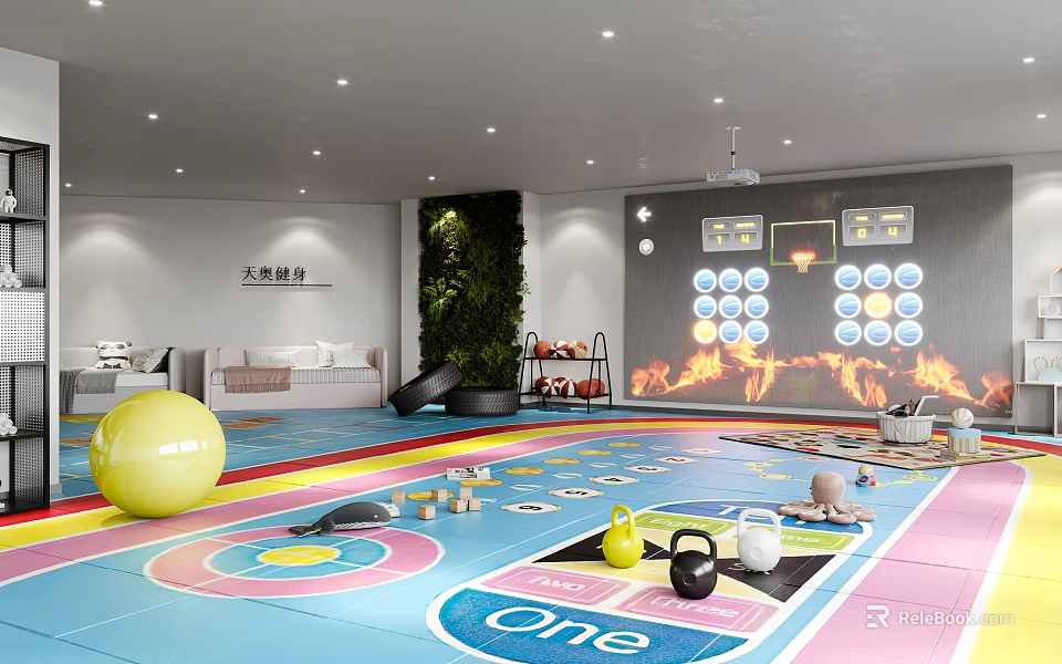 Vibrant Fitness Space With Large Exercise Ball Slide Rainbow Mat Kettlebells And Green Plant Wall 3d model 