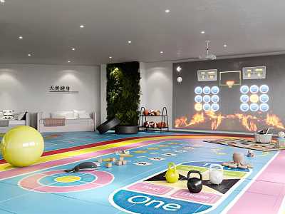 Vibrant Fitness Space With Large Exercise Ball Slide Rainbow Mat Kettlebells And Green Plant Wall 3d model