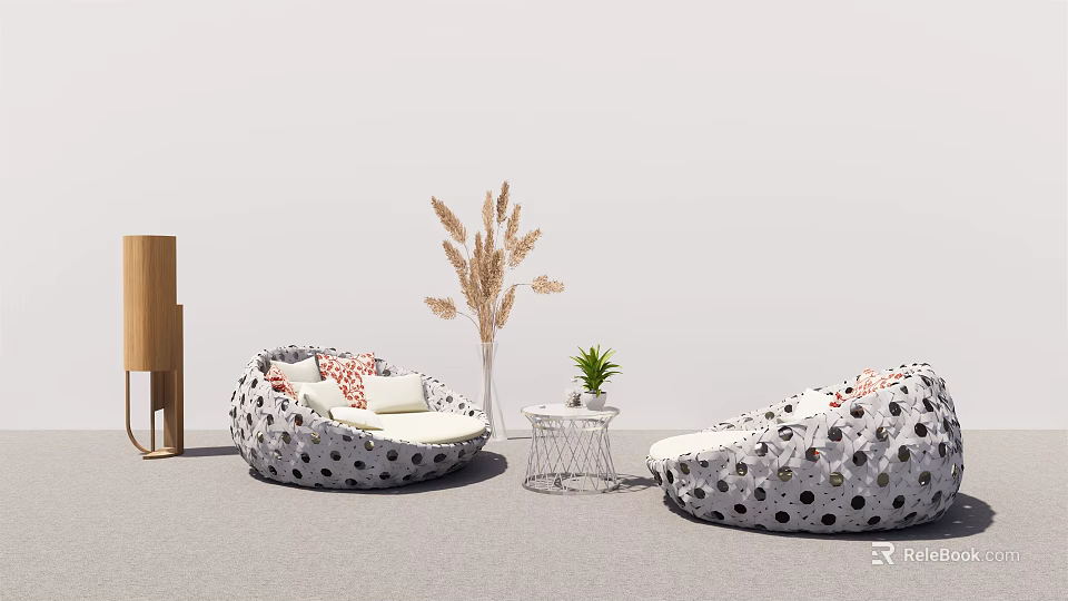 Outdoor Sofa With Polka Dot Pattern Small Side Table And Decorative Plants 3d model