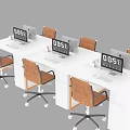 White Office Desk Setup With Computer Monitors And Brown Rolling Office Chairs 3d model