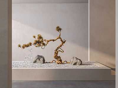 Zen Style Indoor Landscape With Decorative Pine Tree Stones And White Pebbles 3d model