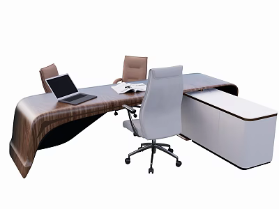 Modern Curved Office Desk With Wooden Surface Laptop Open Book Gray Wheeled Chair And White Cabinet 3d model