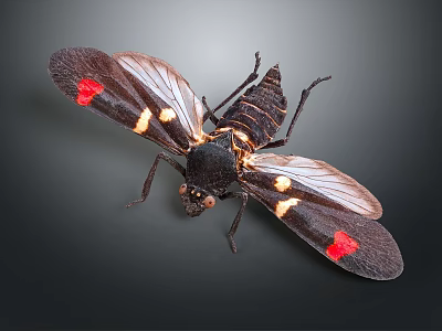 Black Insect with Red and Yellow Spots on Wings Macro View on Dark Background 3d model