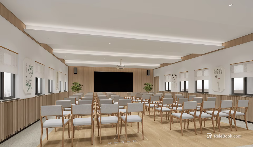 Modern Conference Room with Wooden Walls Projector Screen Rows of Chairs Large Windows and Plants 3d model 