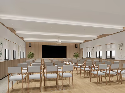 Modern Conference Room with Wooden Walls Projector Screen Rows of Chairs Large Windows and Plants 3d model