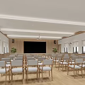 Modern Conference Room with Wooden Walls Projector Screen Rows of Chairs Large Windows and Plants