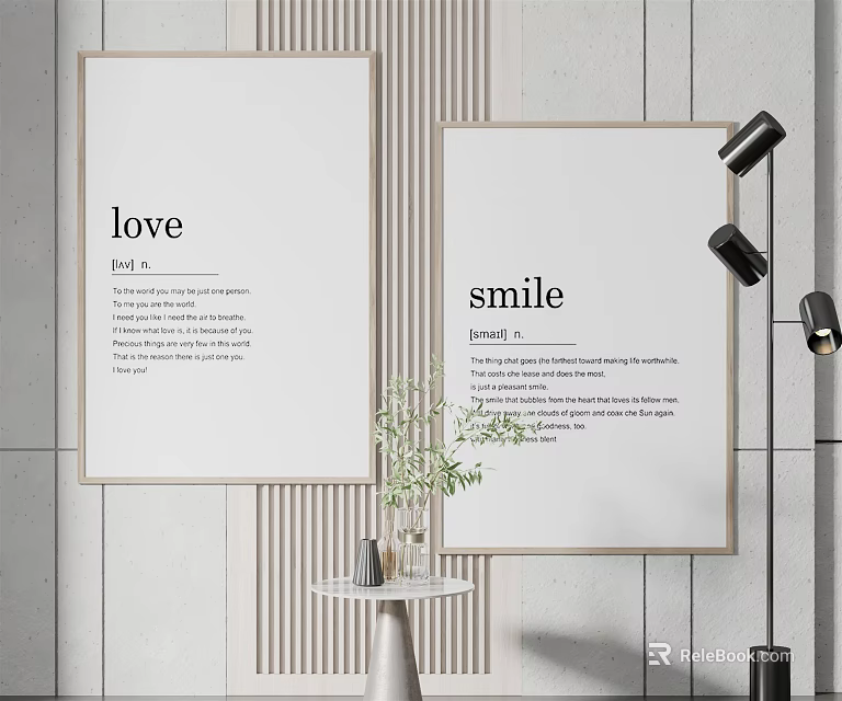 Decorative Posters With Love And Smile Text Green Plant Floor Lamp And Striped Wall 3d model 