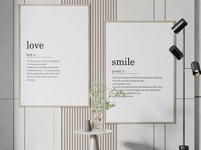 Decorative Posters With Love And Smile Text Green Plant Floor Lamp And Striped Wall 3d model