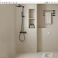 Modern Shower Head in Minimalist Bathroom with Wall Mounted Design Storage Niche and Towel Rack