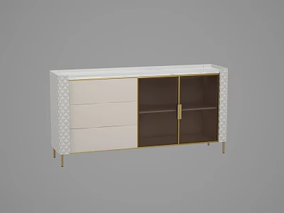 Modern White Sideboard With Dark Brown Cabinet Doors Drawers Gold Legs And Geometric Pattern 3d model