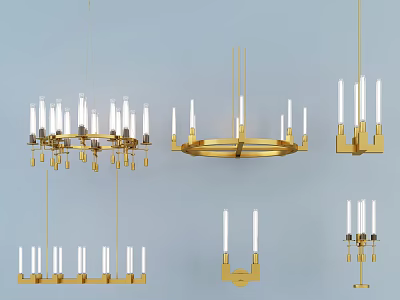 Modern Gold Candle Style Chandelier Combinations With Circular And Linear Designs 3d model