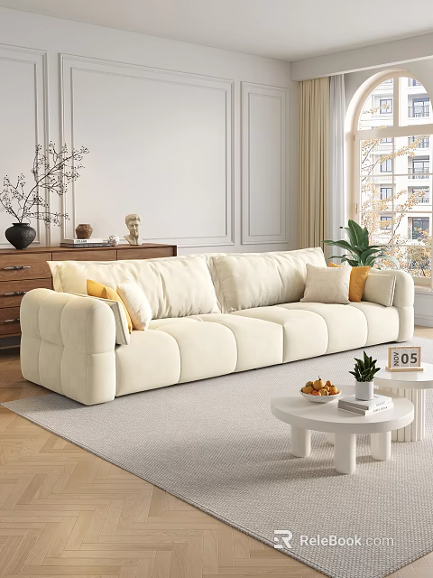 Modern Comfortable Beige Sofa and White Coffee Table Set with Cushions and Decorative Items 3d model