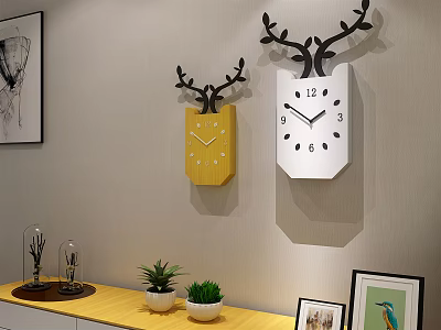 Deer Head Shape Wall Clocks with Antlers in Yellow and White for Interior Decor with Small Plants 3d model