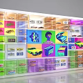 Toy Car Display Wall With Colorful Acrylic Cases Price Tags And Cartoon Posters