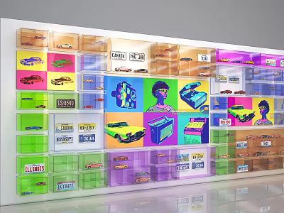 Toy Car Display Wall With Colorful Acrylic Cases Price Tags And Cartoon Posters 3d model