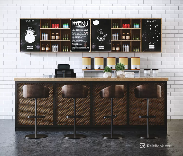 Bar Counter Reception Area with Brown Bar Stools Menu Board and Shelves Holding Bottles Jars 3d model 