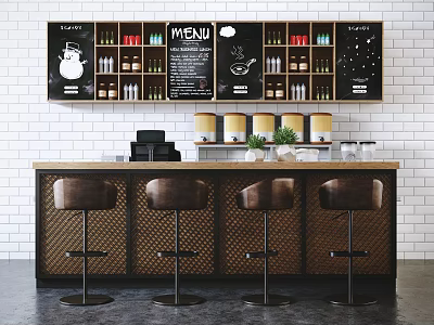 Bar Counter Reception Area with Brown Bar Stools Menu Board and Shelves Holding Bottles Jars 3d model