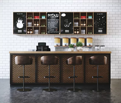 Bar Counter Reception Area with Brown Bar Stools Menu Board and Shelves Holding Bottles Jars 3d model