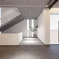 Long Office Hallway With Window Blinds Wooden Doors And Concrete Floor