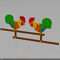 Colorful Decorative Roosters Standing On Wooden Bar For Home Decoration