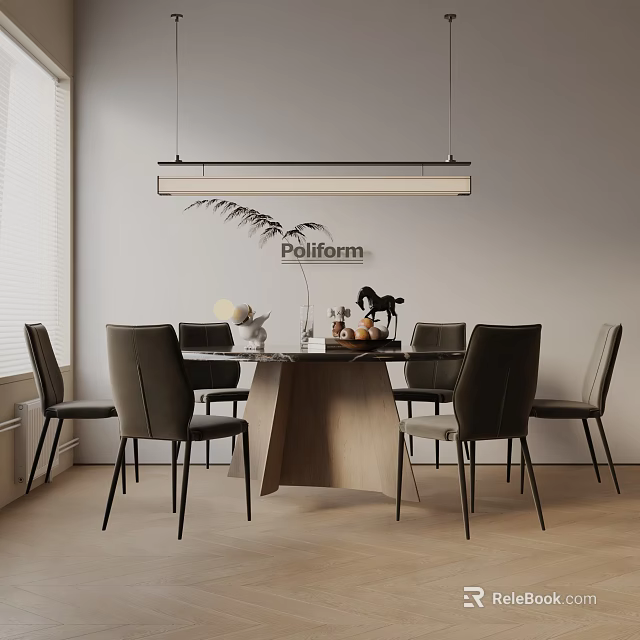 Poliform Modern Dining Table Set With Six Chairs And Hanging Pendant Light 3d model