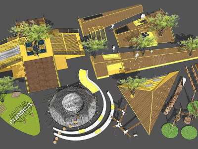 Modern Outdoor Playground Equipment With Wooden Structures Circular Design And Green Trees 3d model