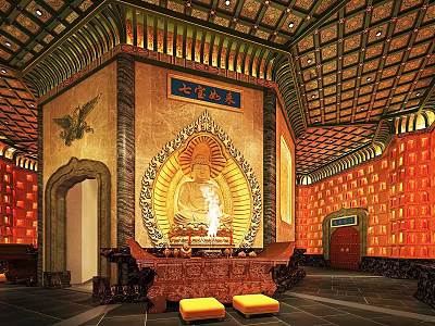 Traditional Cultural Center Interior With Buddha Statue Red Lantern Walls And Golden Decorations 3d model