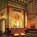 Traditional Cultural Center Interior With Buddha Statue Red Lantern Walls And Golden Decorations