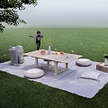 Outdoor Wooden Table and Chair Set on Green Grass with White Rug and Decorative Vase