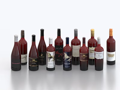 Various Wine Bottles And Glasses With Stylish Designs For Home Bar Decoration 3d model
