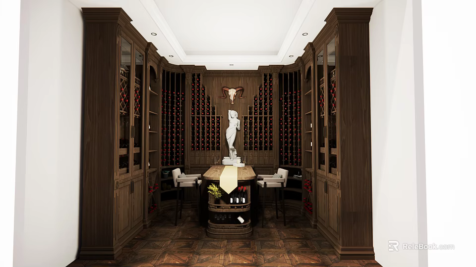 Luxury Wine Cellar Interior With Wooden Racks Table Chairs And White Sculpture Decorations 3d model 