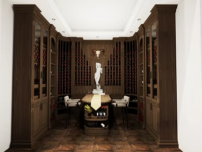 Luxury Wine Cellar Interior With Wooden Racks Table Chairs And White Sculpture Decorations 3d model