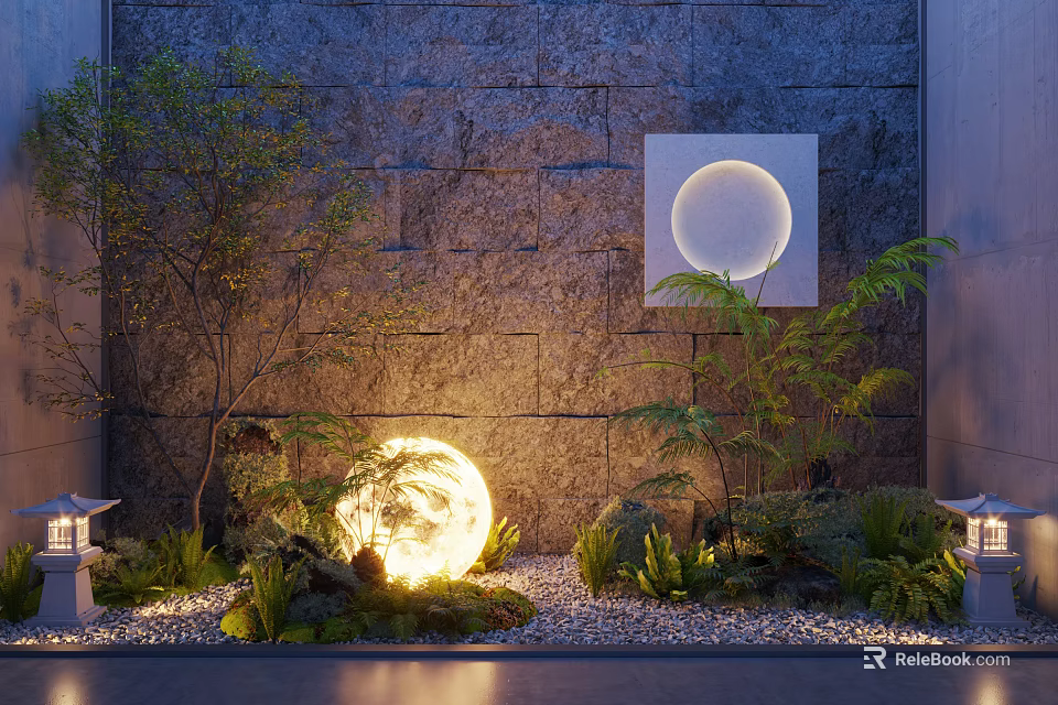 Serene Garden Decor With Stone Wall Glowing Sphere Green Plants Lanterns And Pebbles 3d model 