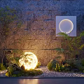 Serene Garden Decor With Stone Wall Glowing Sphere Green Plants Lanterns And Pebbles