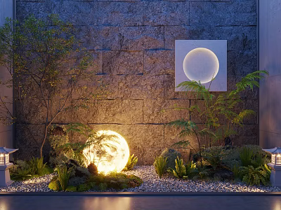Serene Garden Decor With Stone Wall Glowing Sphere Green Plants Lanterns And Pebbles 3d model